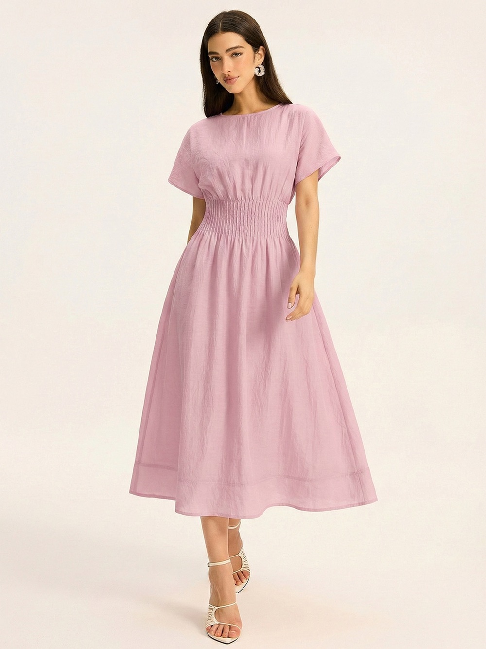 Commense Short Sleeve Smocked Waist Midi Dress in Pink size Small. New with tag